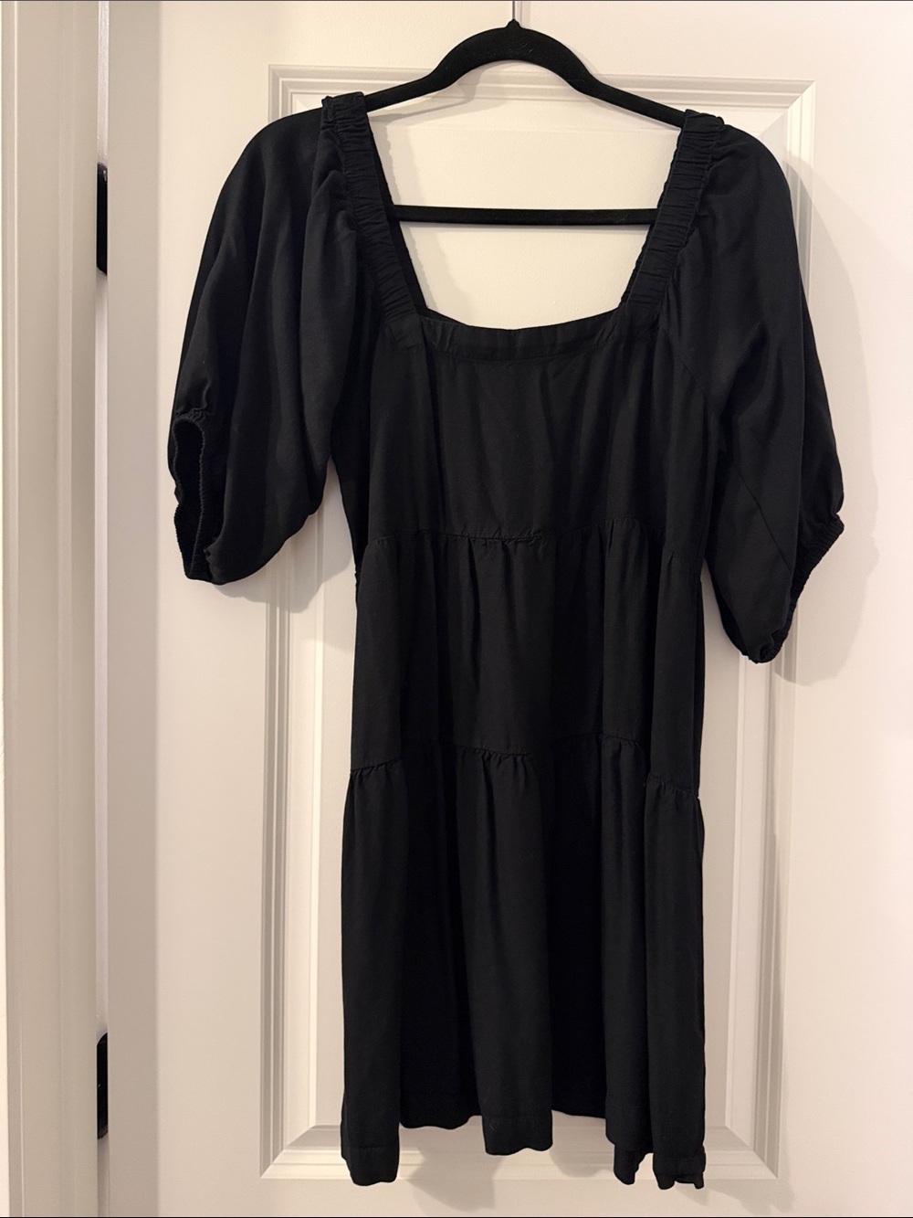 Square-Neck Black Puff-Sleeve Tiered Mini Dress